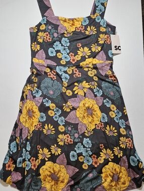 NWT SO Juniors Mini Dress Size Small Black Gold Blue Floral Festival Cottagecore